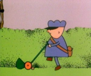 Frank the Postman is busy mowing his lawn