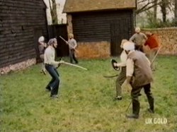 The Indian group are practising with weapons they have made