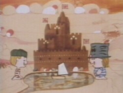 Sam and the swep build a sand castle together