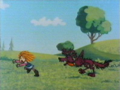 Vicky being chased by a wolf